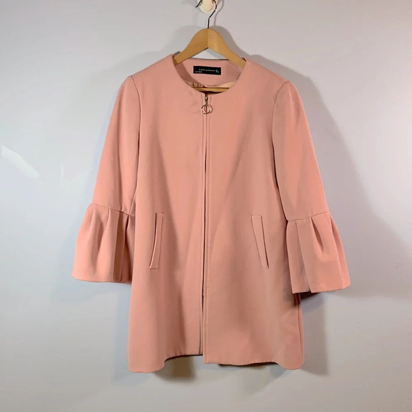 Zara womens size XL pink zip jacket coat ruffle cuff sleeve chic pockets - Picture 2 of 12